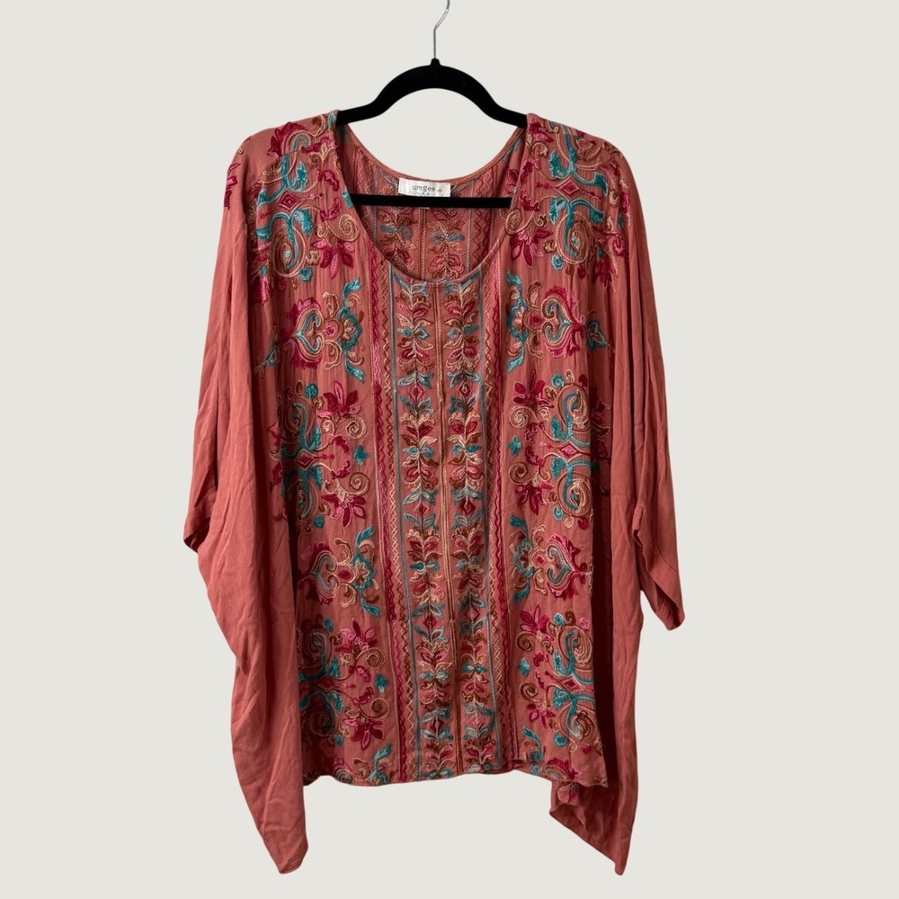 Umgee USA 1X/2XBoho Embroidered Tunic Top Terracotta Coral Floral Relaxed Fall
